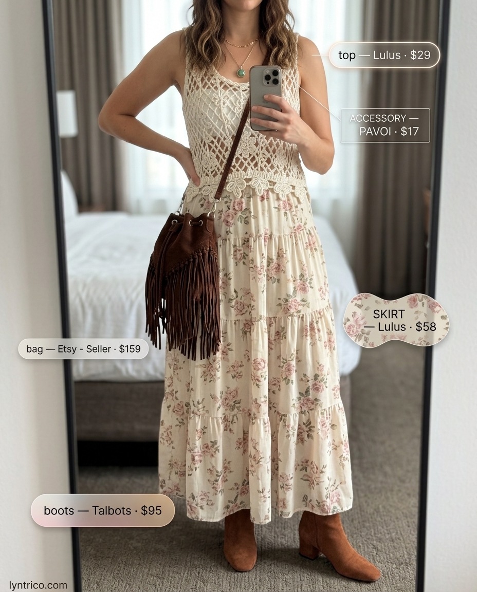 Chic summer fashion outfits for women 2026: Boho maxi skirt, crochet top, suede boots & layered necklaces for festivals.