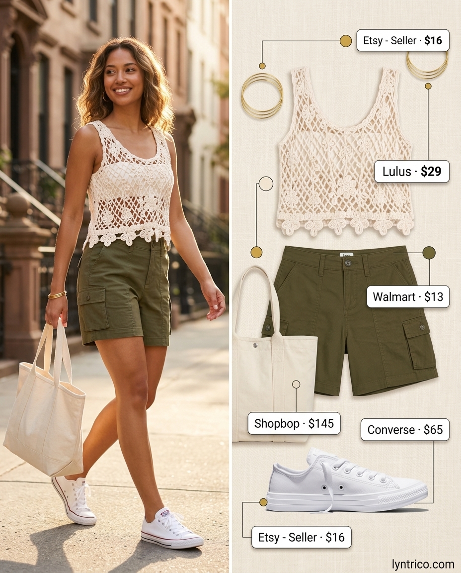 Chic summer fashion outfits for women 2026: Olive cargo shorts, cream crochet top, white sneakers.
