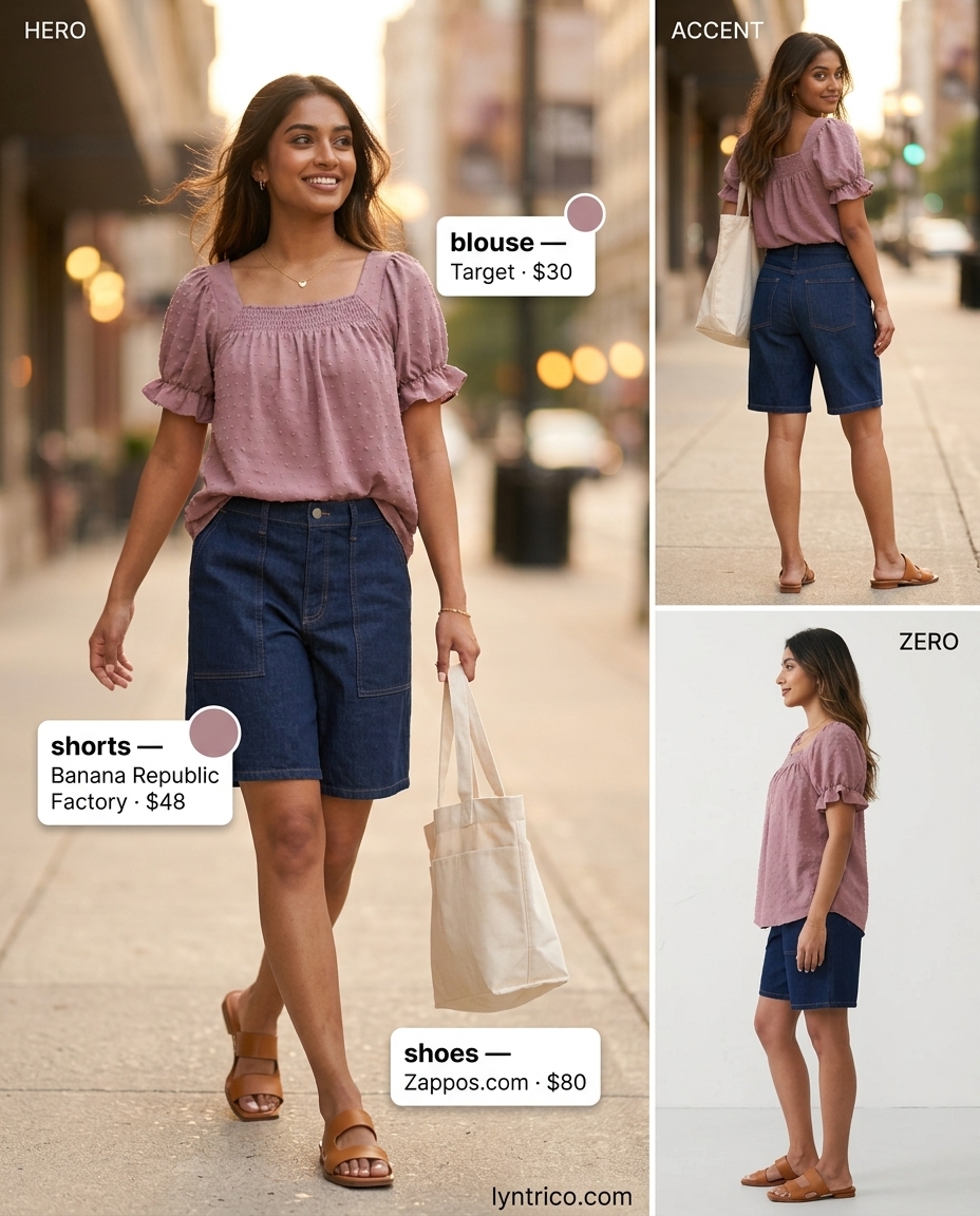 Chic summer fashion outfits for women 2026: Denim shorts, pink blouse, slide sandals, tote bag.