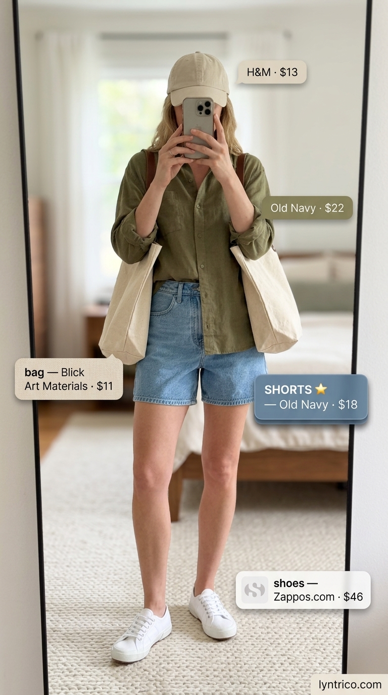 Chic summer fashion outfits for women 2026: Denim shorts, olive green shirt, white sneakers & canvas tote for weekend adventures.