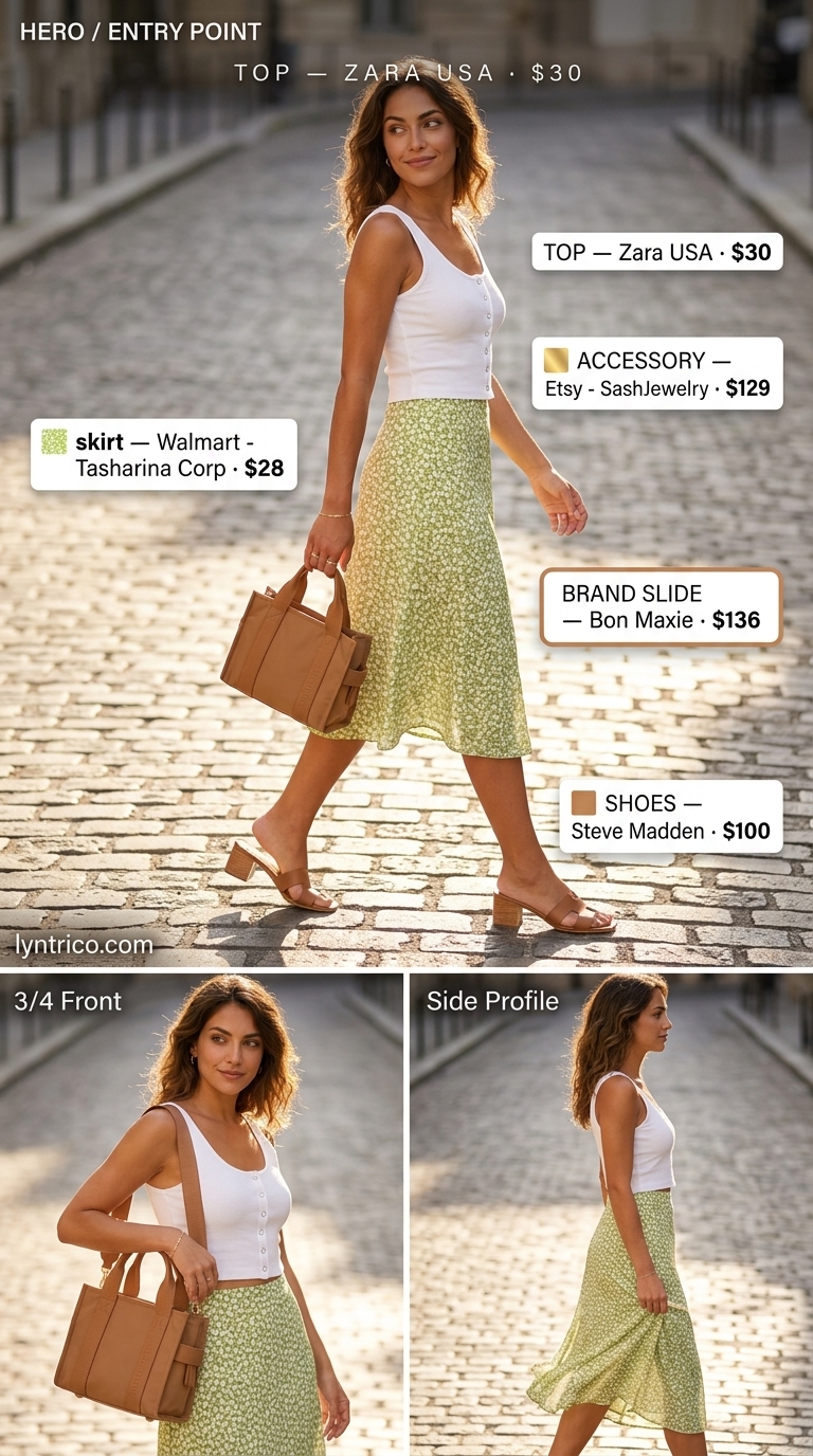 Chic summer fashion outfits for women 2026: Floral midi skirt, white knit top, tan sandals & crossbody bag for a daytime outing.