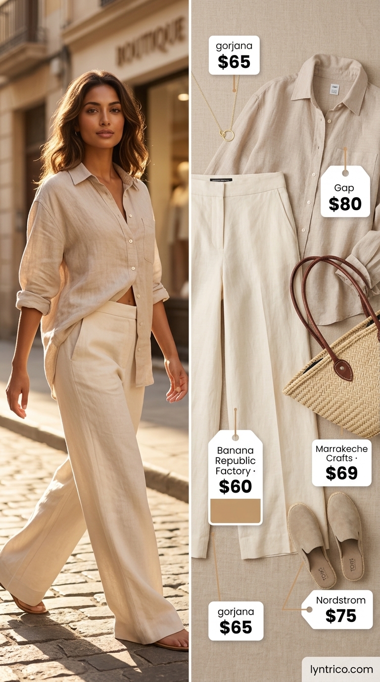 Chic summer fashion outfits for women 2026: Cream linen pants, beige shirt, straw tote & espadrilles for Mediterranean vibes.