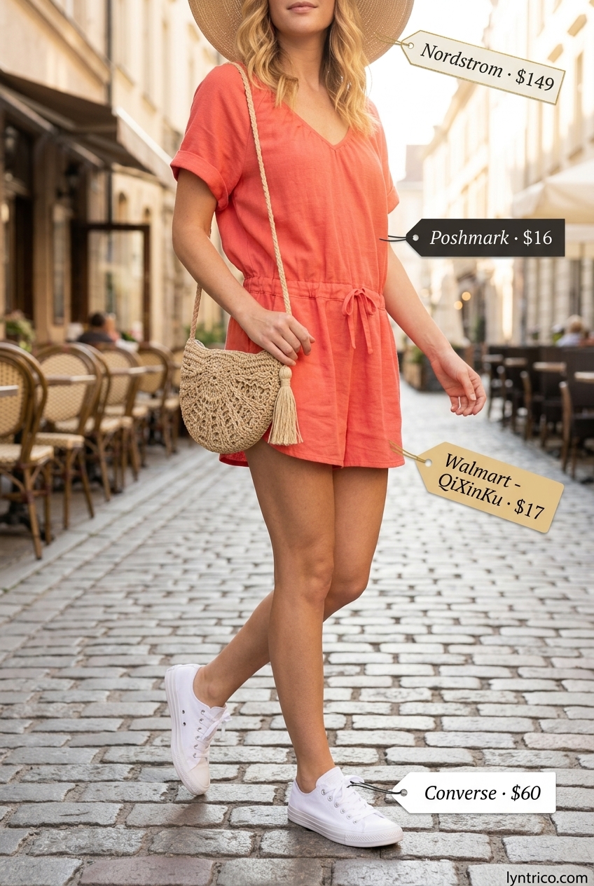 Chic summer fashion outfits for women 2026: Coral linen romper, white sneakers, straw hat & crossbody bag for picnics.