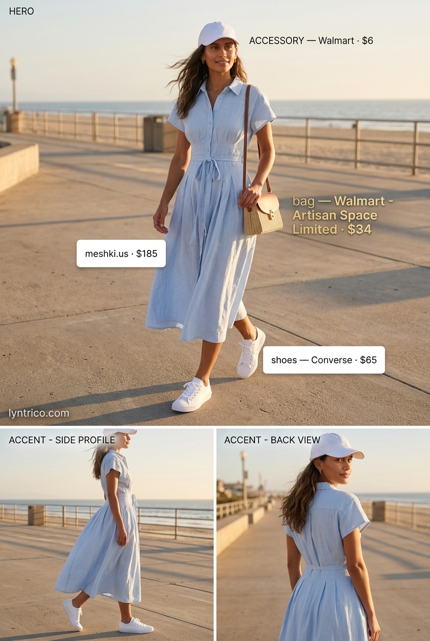 Chic summer fashion outfits for women 2026: Pastel blue linen shirt dress with sneakers and cap.