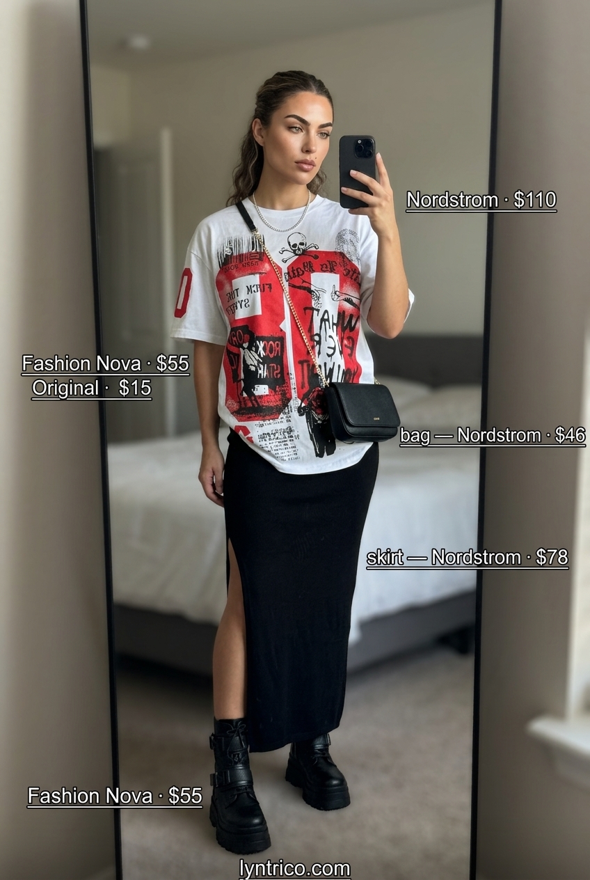 Chic summer fashion outfits for women 2026: Black midi skirt, graphic tee, combat boots.