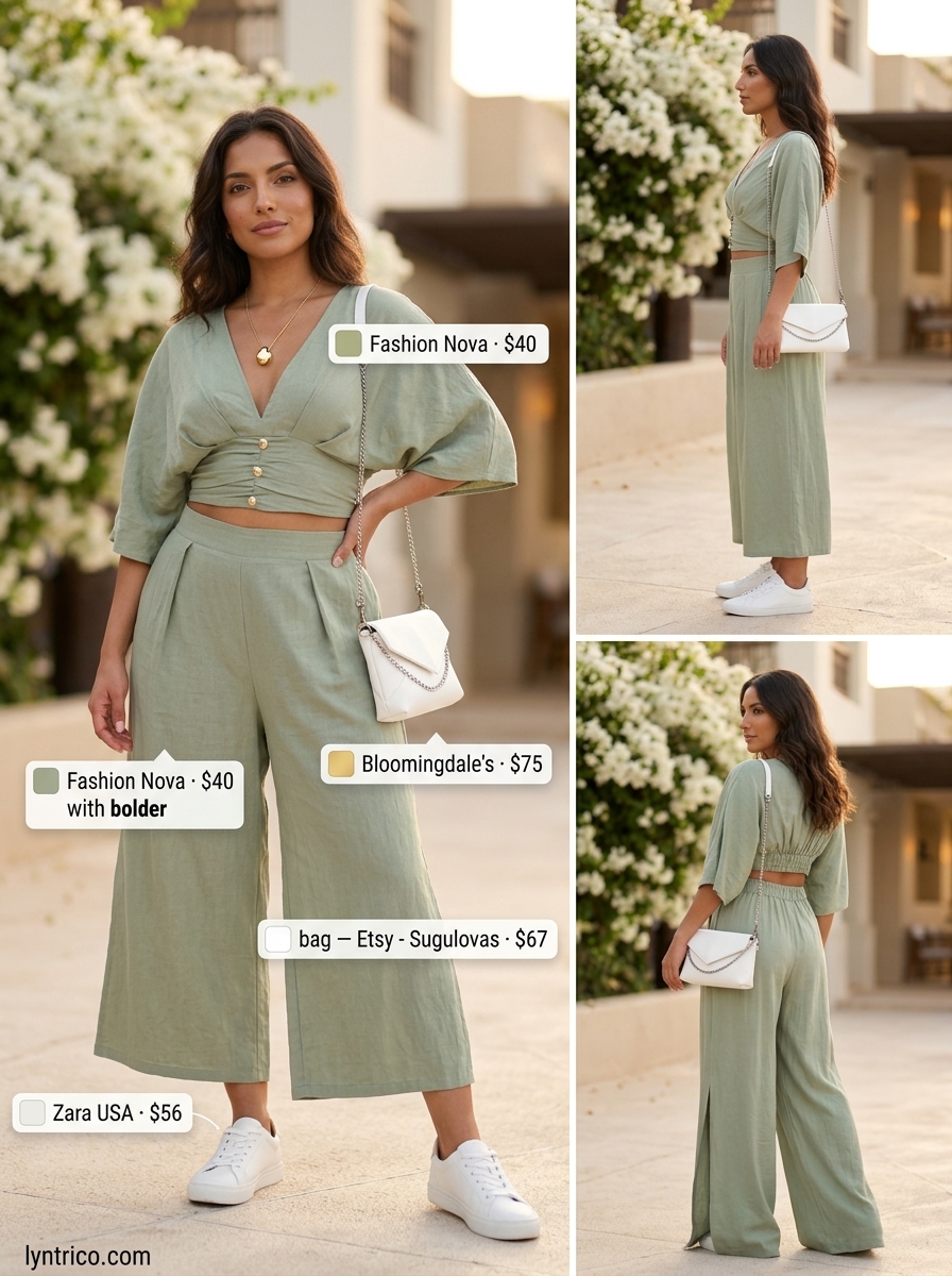 Chic summer fashion outfits for women 2026: Sage green linen coord set with white sneakers.