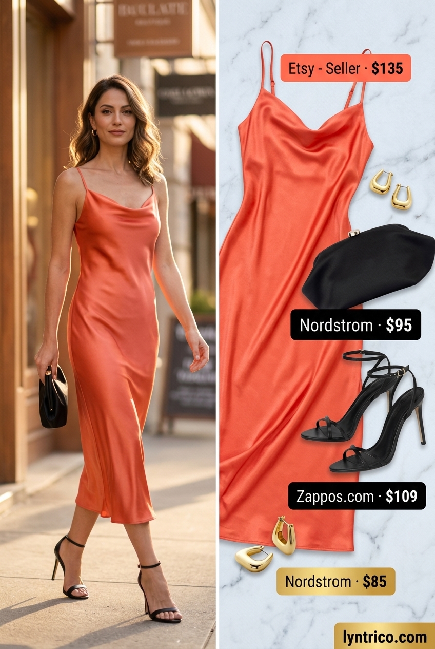 Chic summer fashion outfits for women 2026: Coral silk slip dress with black heels and clutch.