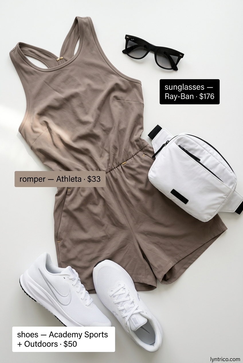 Chic summer fashion outfits for women 2026: Taupe sporty romper with white sneakers and belt bag.