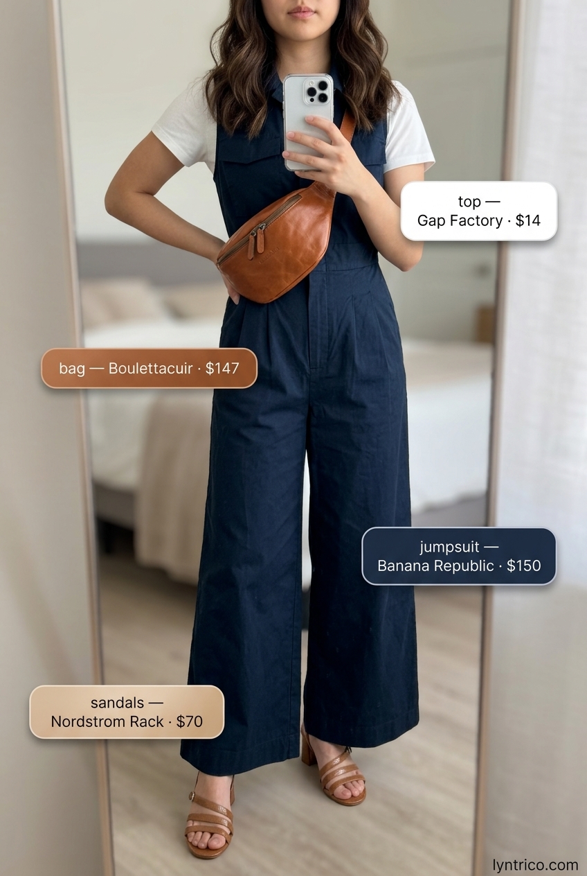Chic summer fashion outfits for women 2026: Navy utility jumpsuit, tan sandals, belt bag & white tee for effortless style.