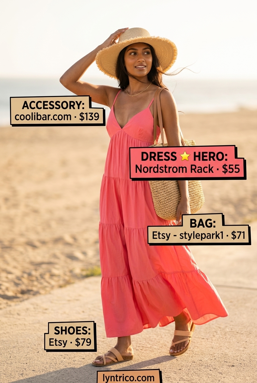 Boho chic summer fashion outfit for women 2026: Coral maxi dress, straw hat, and leather slides for beach.