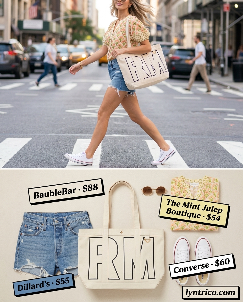 Casual chic summer fashion outfit for women 2026: Denim shorts, floral blouse, canvas sneakers.