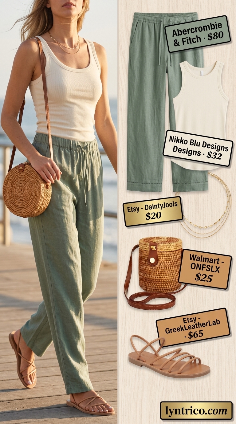 Relaxed chic summer fashion outfit for women 2026: Sage linen pants, cream tank, tan sandals.