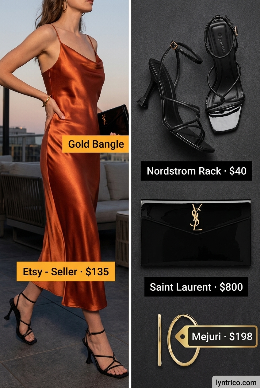 Vibrant chic summer fashion outfit for women 2026: Mango slip dress, black heels, and gold hoops.