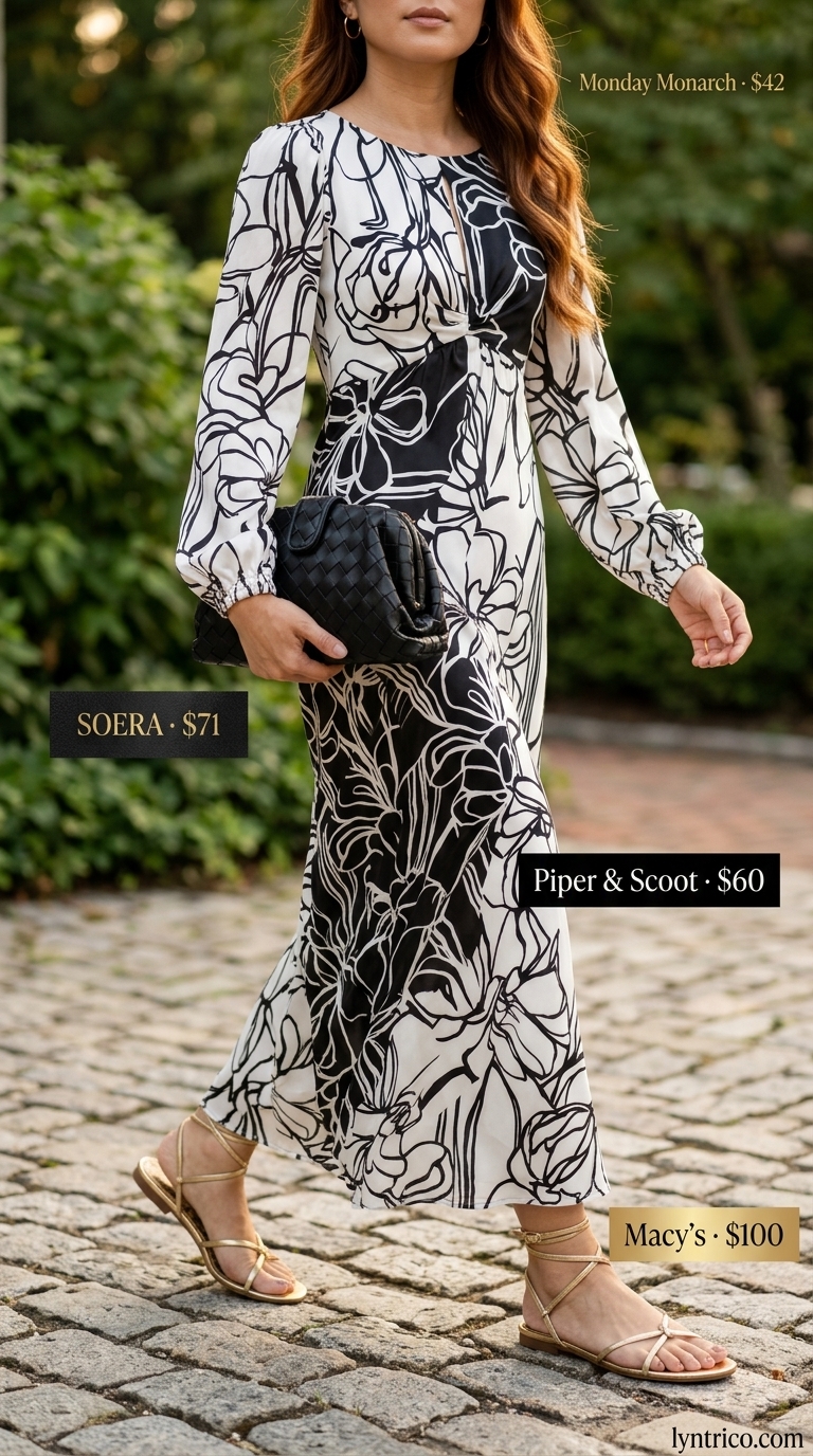 Chic summer fashion outfit for women 2026: Black floral maxi dress, gold sandals, and raffia clutch for evening.