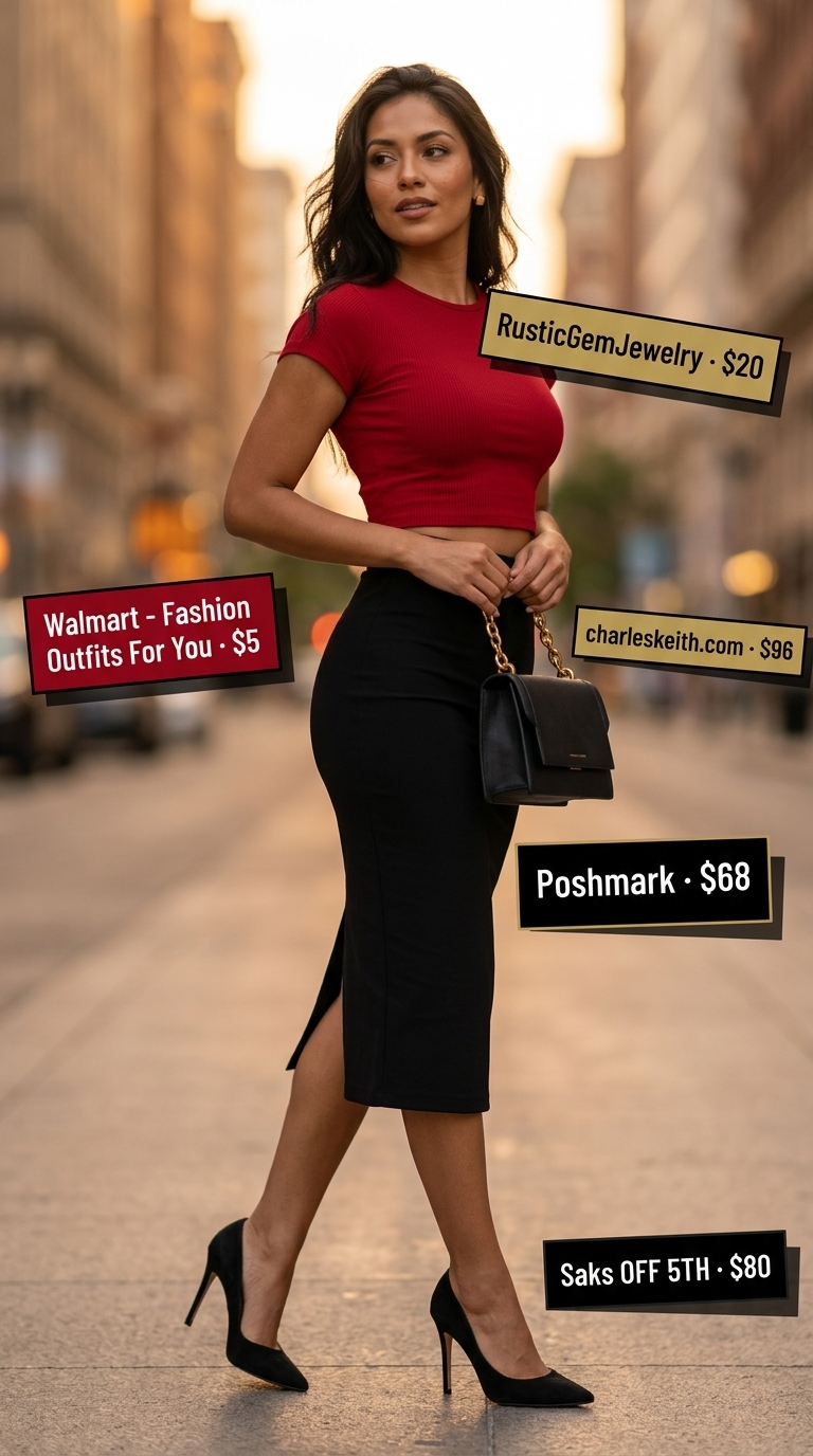 Chic summer fashion outfit for women 2026: Black midi skirt, red crop top, and gold accessories.