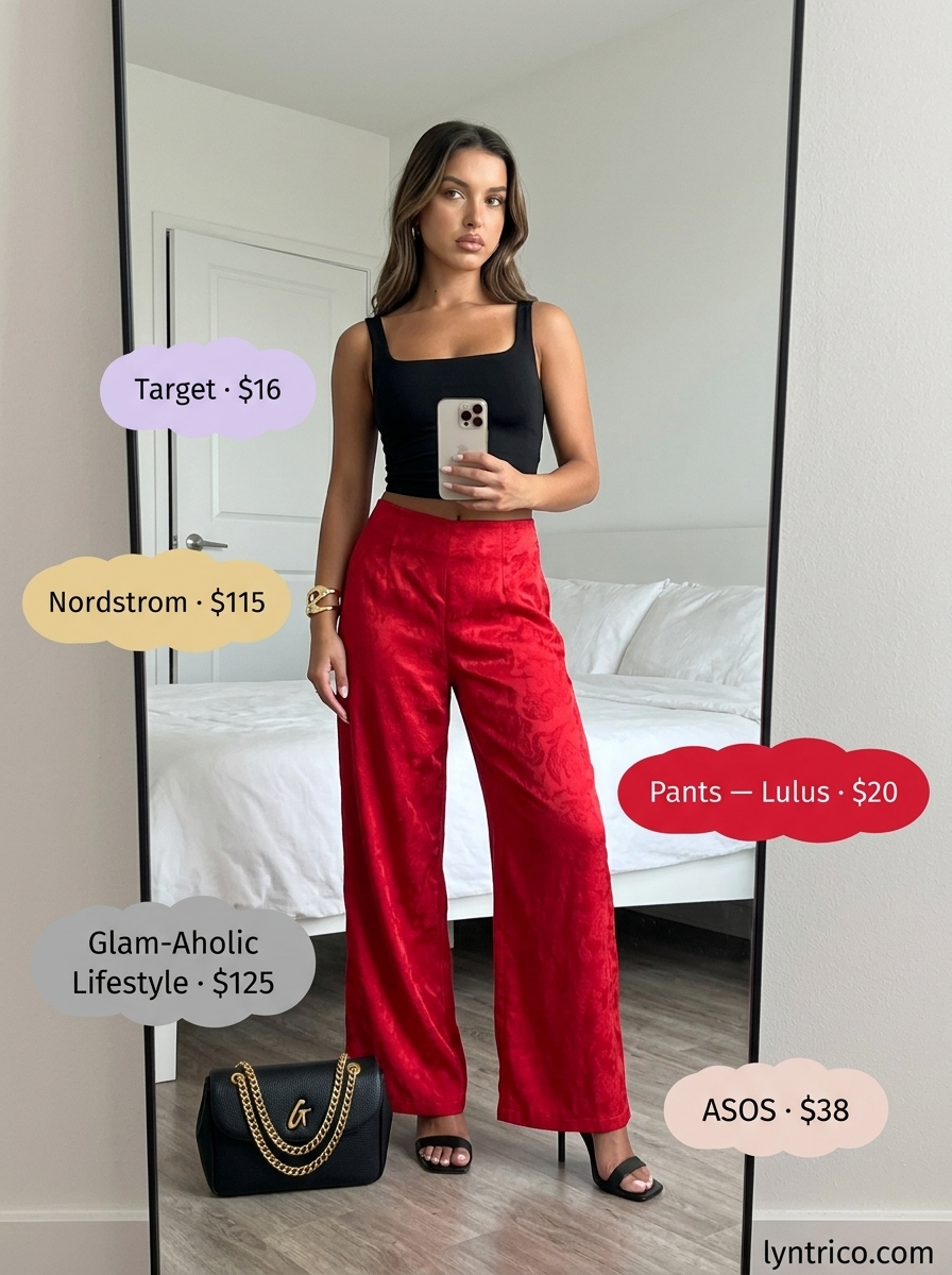 Bold chic summer fashion outfit for women 2026: Red wide-leg pants, black tank, and heeled sandals.