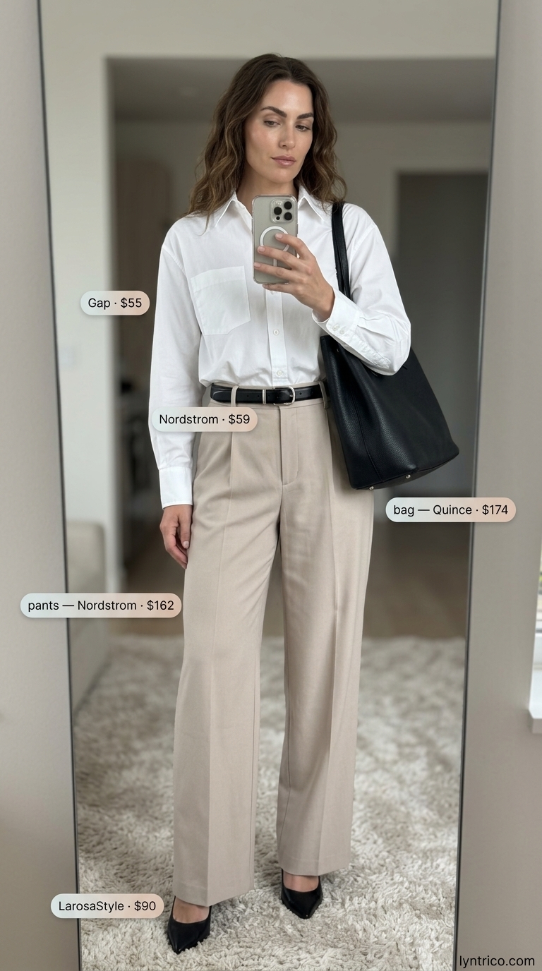 Sophisticated chic summer fashion outfit for women 2026: Beige wide-leg trousers, white shirt, black pumps.