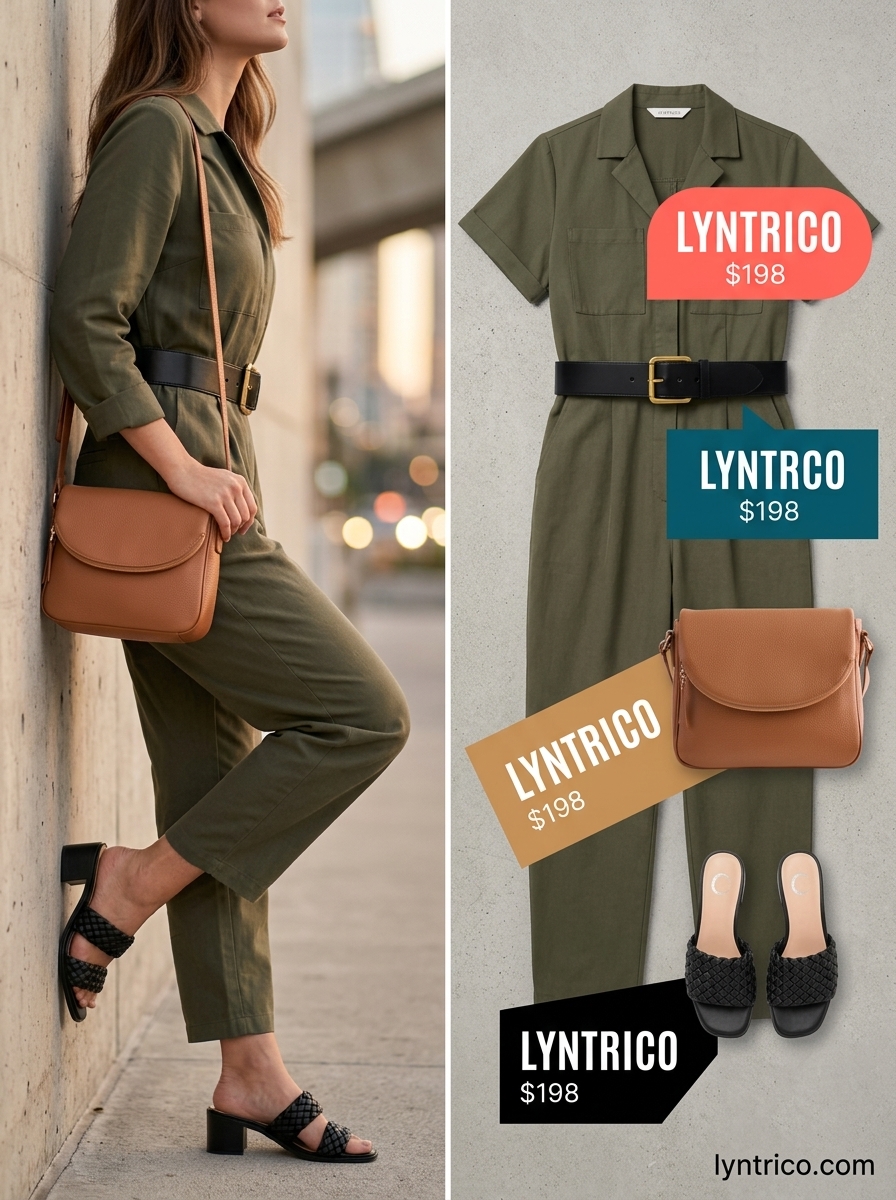 Chic summer fashion outfit for women 2026: Olive utility jumpsuit, leather belt, and block heels for city.