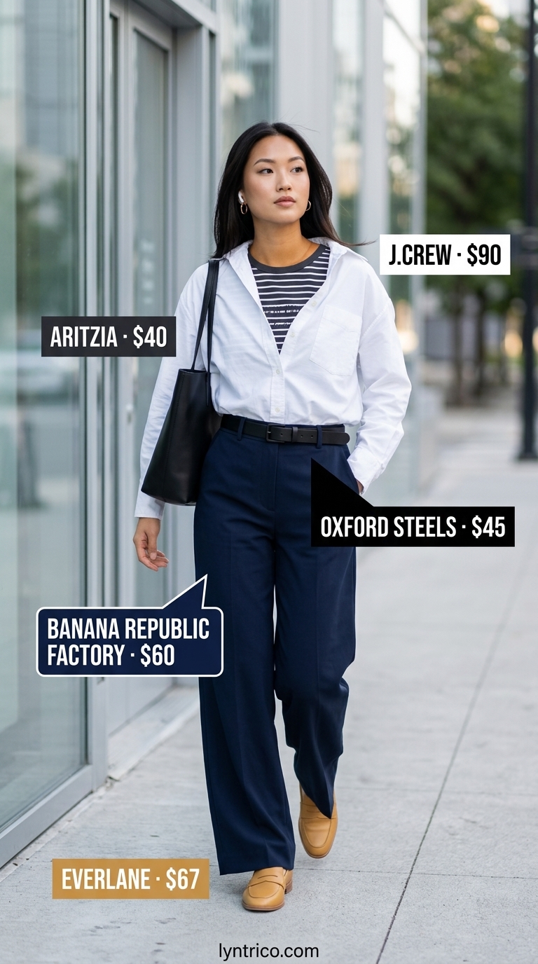 Professional Summer Work Outfit 2026 Chic summer work outfit for women 2026: Navy trousers, white shirt, loafers, tote bag.