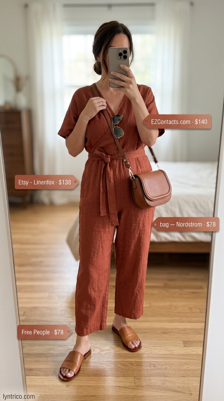 City Break Summer Jumpsuit 2026 City break outfit inspo summer for women 2026: Terracotta jumpsuit, tan slides, crossbody bag, aviators.