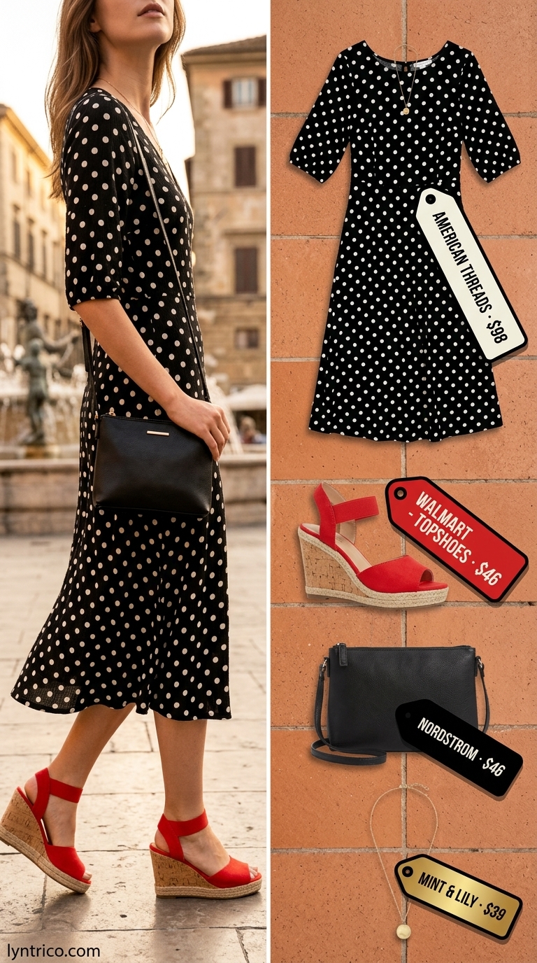 Black polka dot wrap dress for Riviera brunch. Classic summer polka dots outfits for women 2026.
