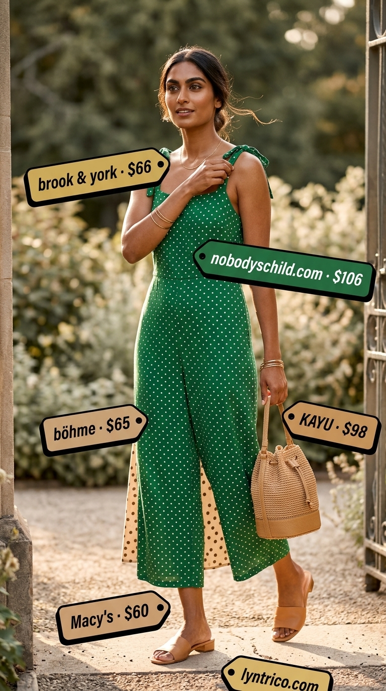 Forest green polka dot jumpsuit for a botanical garden visit. Classic summer polka dots outfits for women 2026.