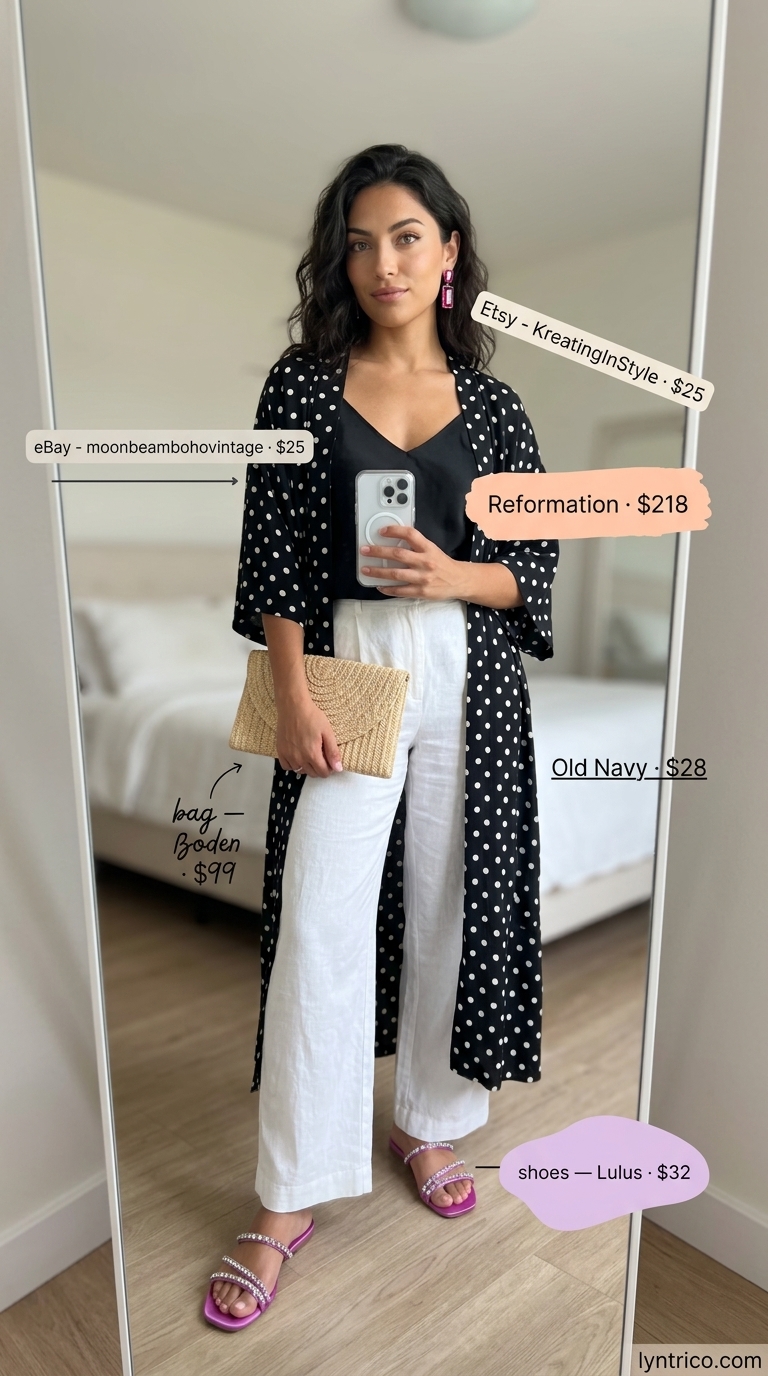 Black polka dot kimono for vacation. Classic summer polka dots outfits for women 2026.