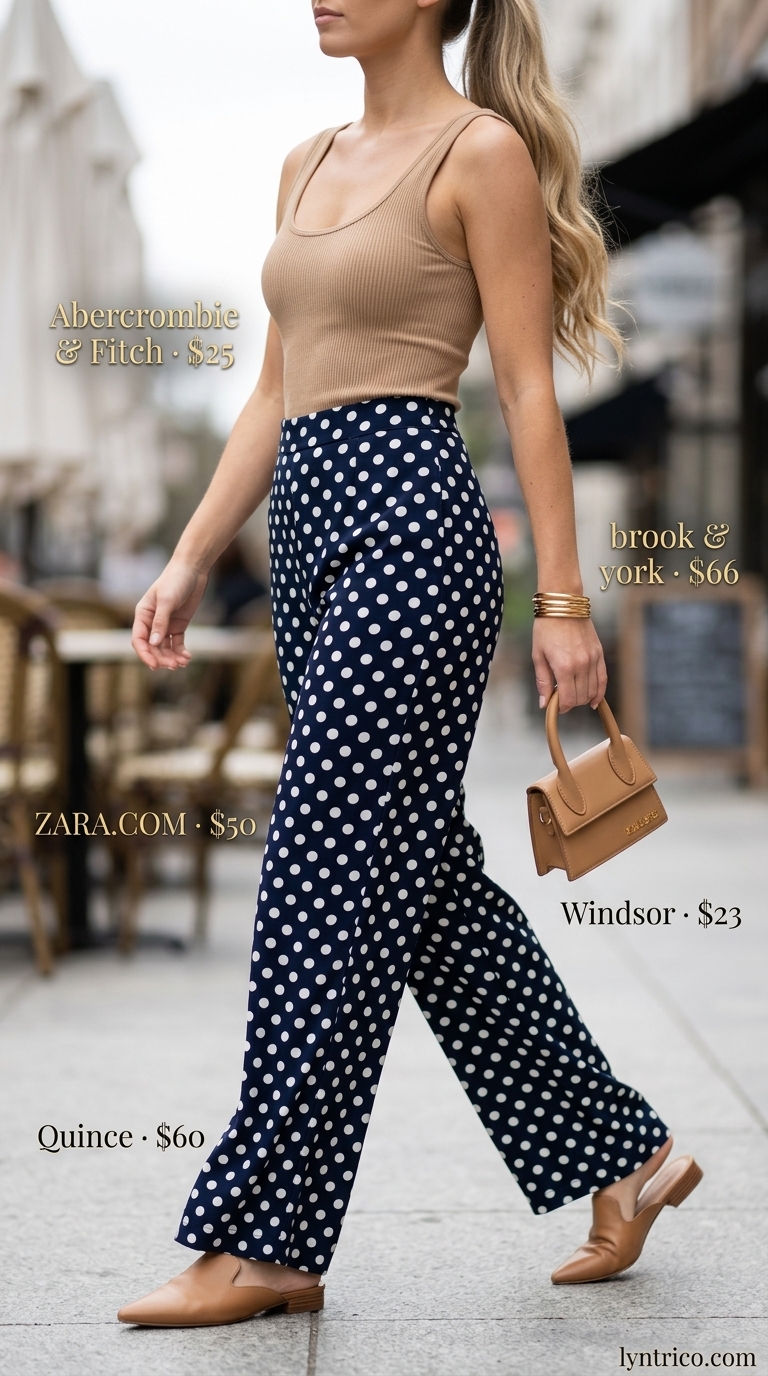 Navy polka dot trousers for city brunch. Classic summer polka dots outfits for women 2026.