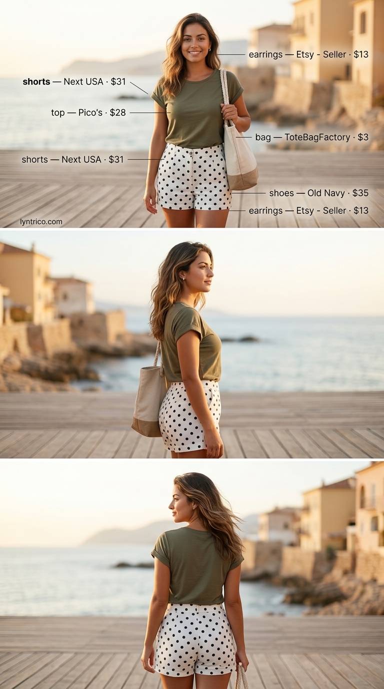 Black polka dot shorts for coastal casual. Classic summer polka dots outfits for women 2026.