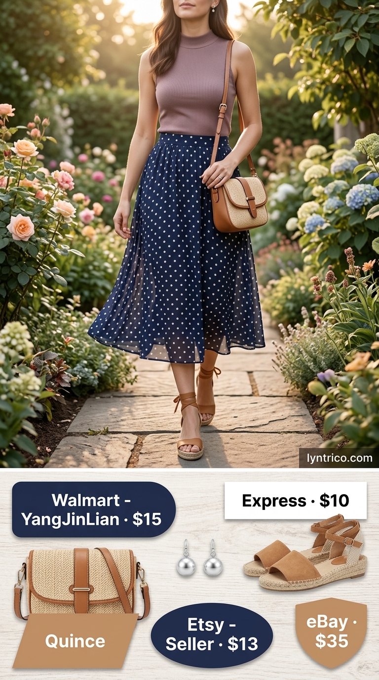 Navy polka dot skirt for garden party. Classic summer polka dots outfits for women 2026.