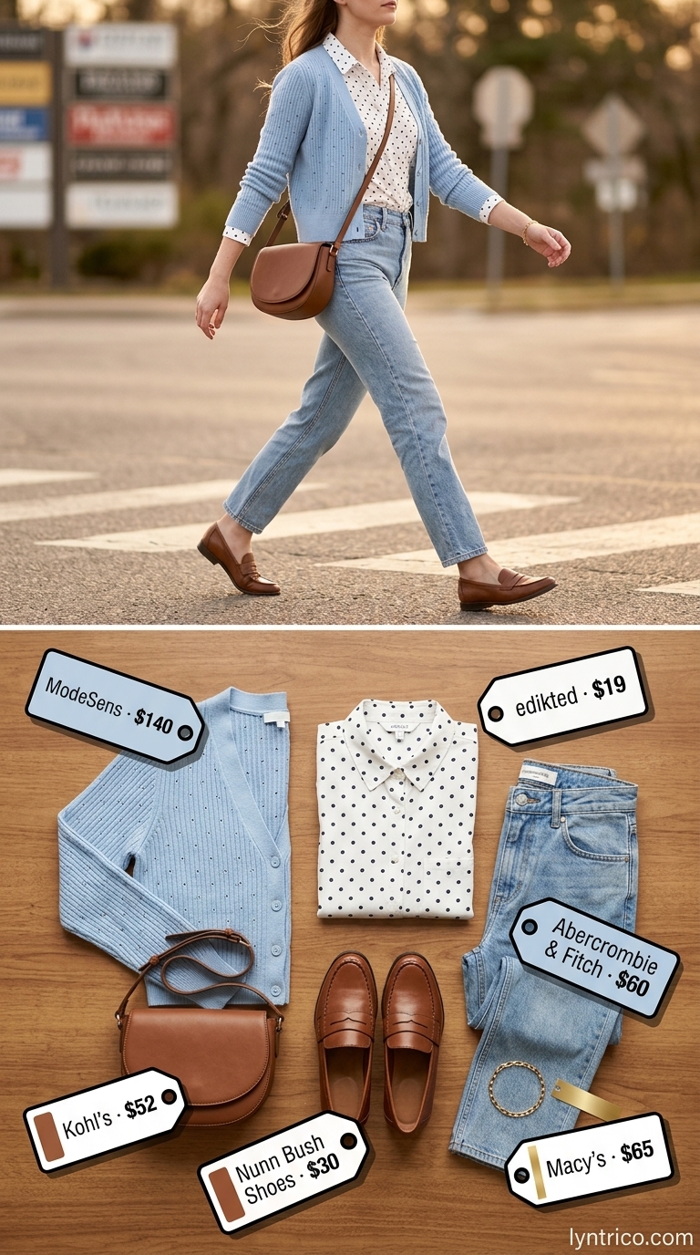 Classic summer polka dots outfits for women 2026: Light blue polka dot cardigan worn as top with white jeans.