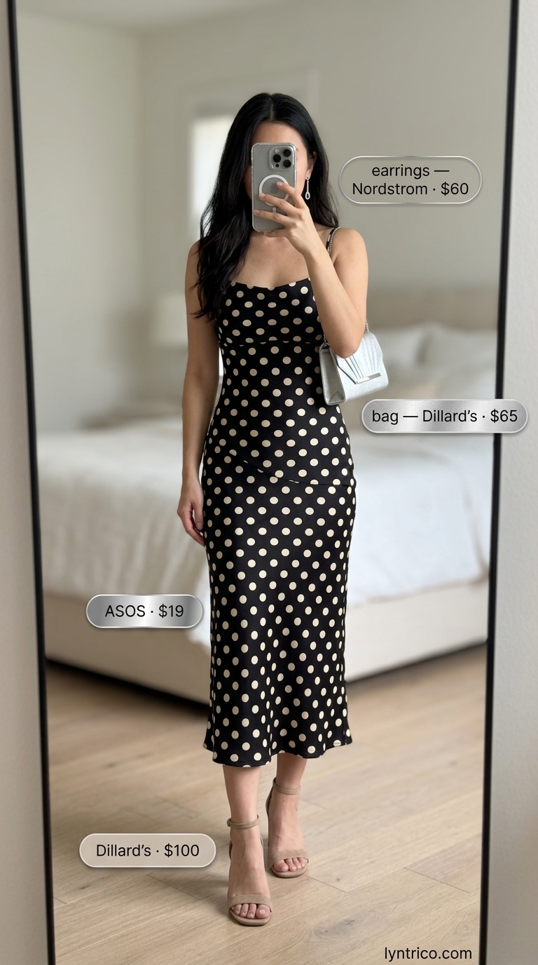 Classic summer polka dots outfits for women 2026: Black and cream polka dot slip dress for a sleek dinner date.