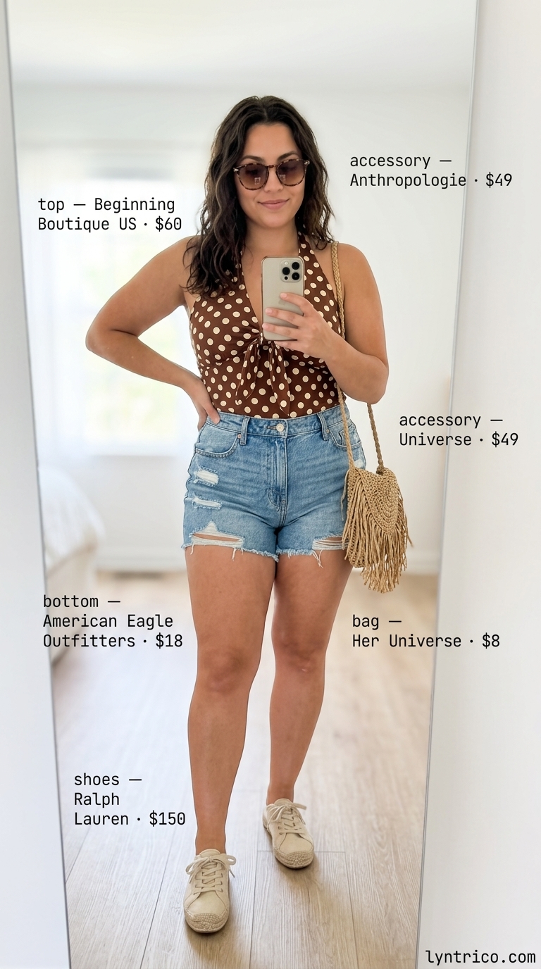 Classic summer polka dots outfits for women 2026: Brown polka dot tie-front top with denim shorts for festival fun.