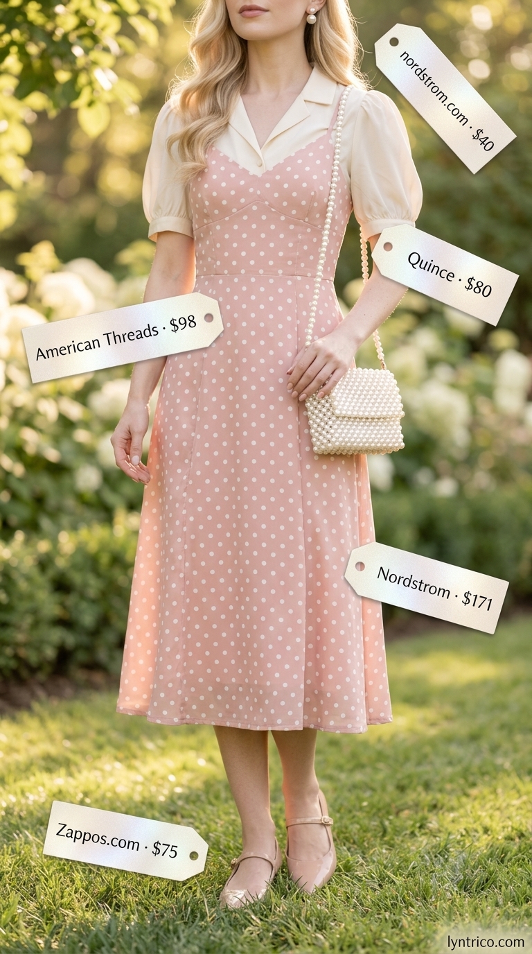 Classic summer polka dots outfits for women 2026: Elegant green polka dot midi skirt with ivory blouse for garden parties.