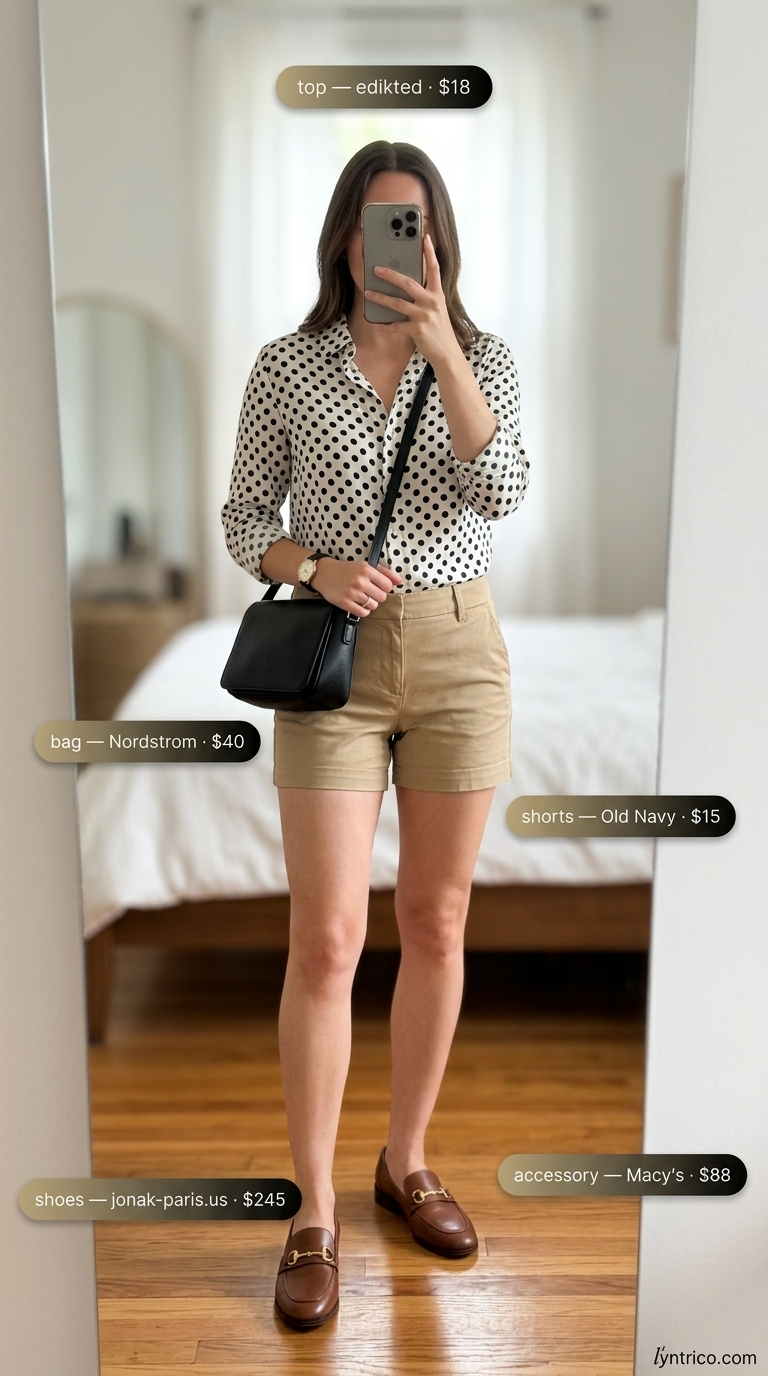 Classic summer polka dots outfits for women 2026: Black and white polka dot shirt with khaki shorts for smart casual.