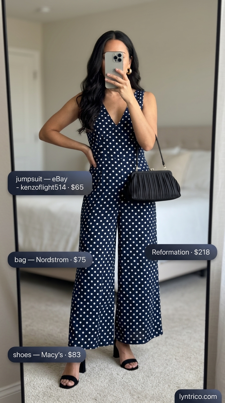 Classic summer polka dots outfits for women 2026: Navy polka dot jumpsuit for effortless evening glamour.