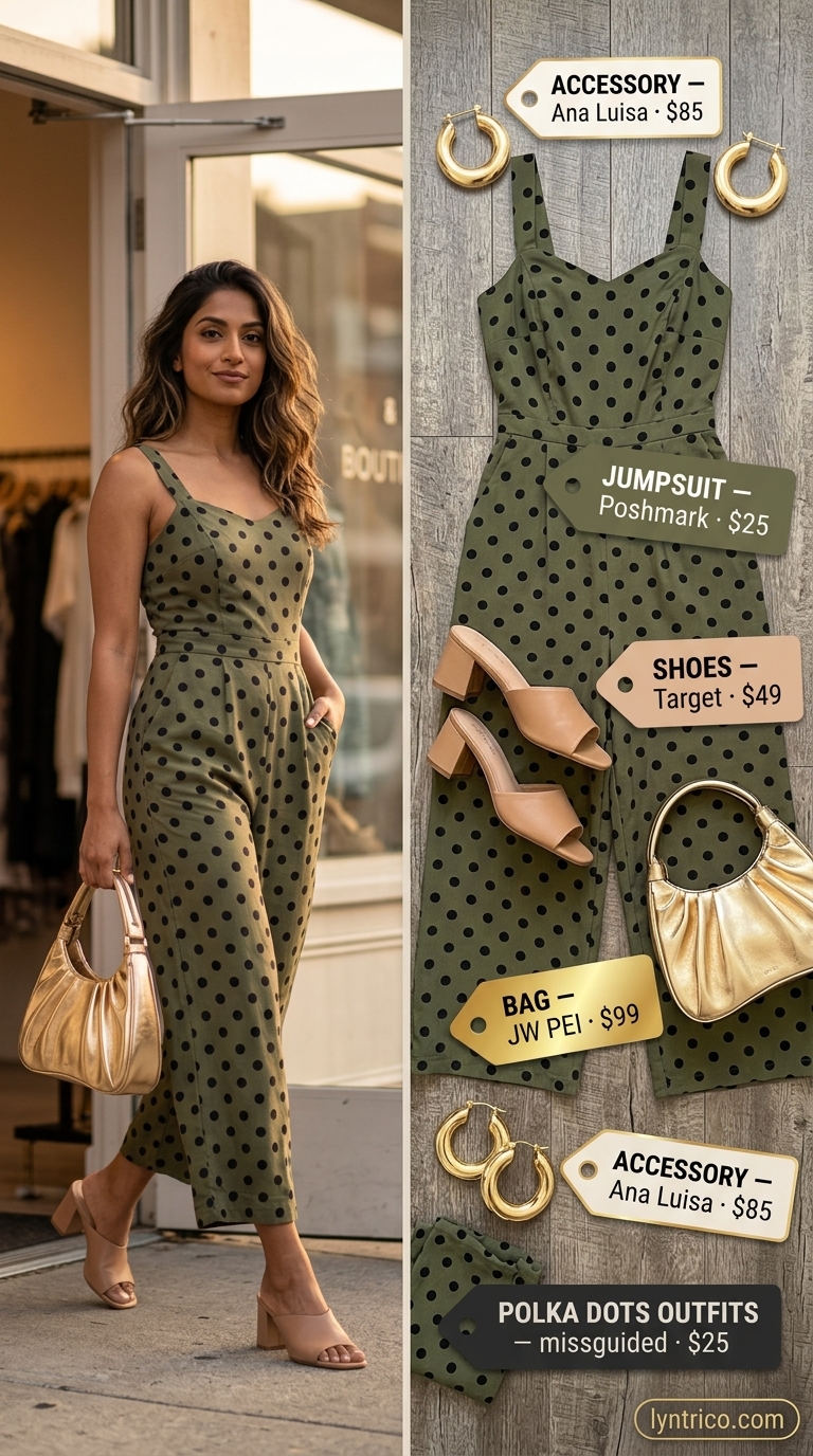 Classic summer polka dots outfits for women 2026: Black polka dot utility jumpsuit with olive green accessories for urban safari.