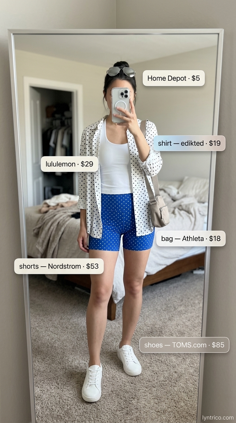 Classic summer polka dots outfits for women 2026: White and black polka dot shorts with a blue tank for weekend errands.