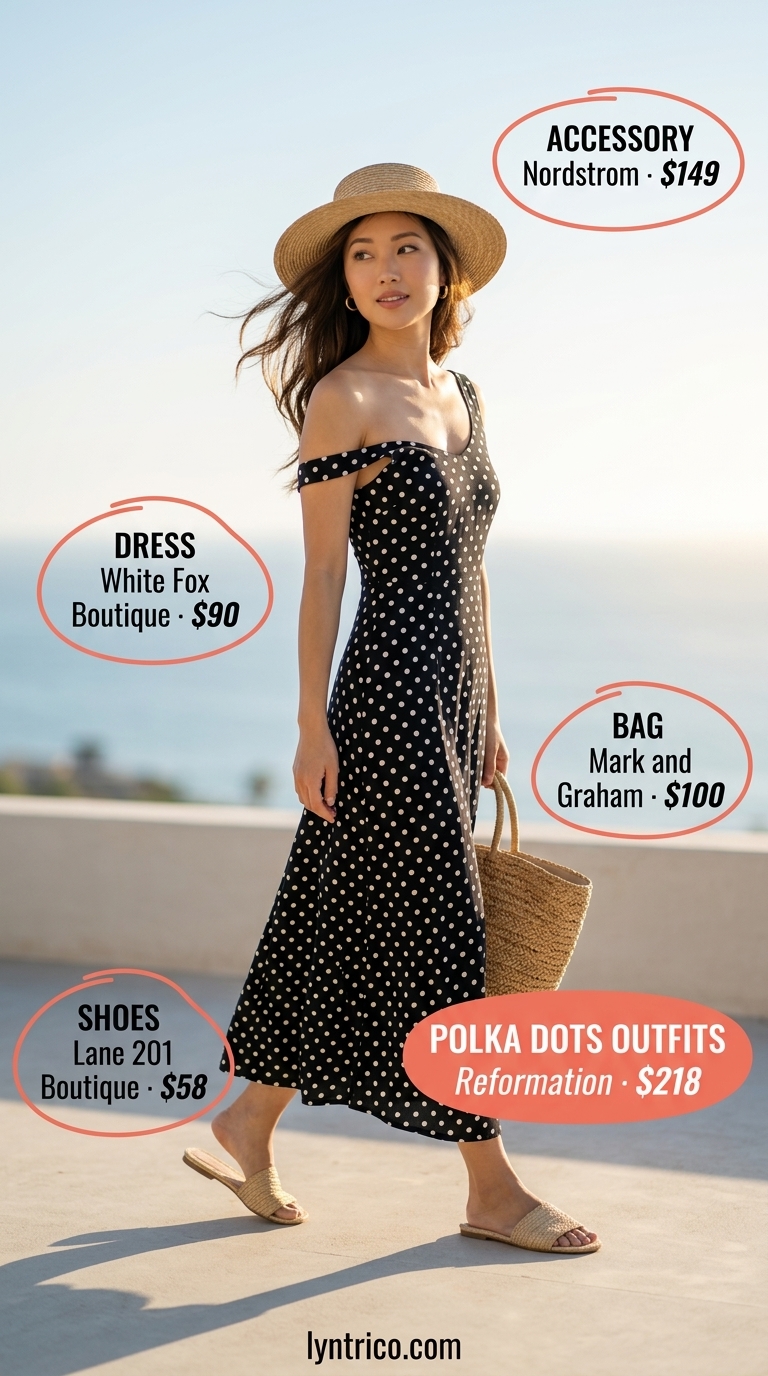 Black and white polka dot maxi dress with straw hat for classic summer polka dots outfits for women 2026.