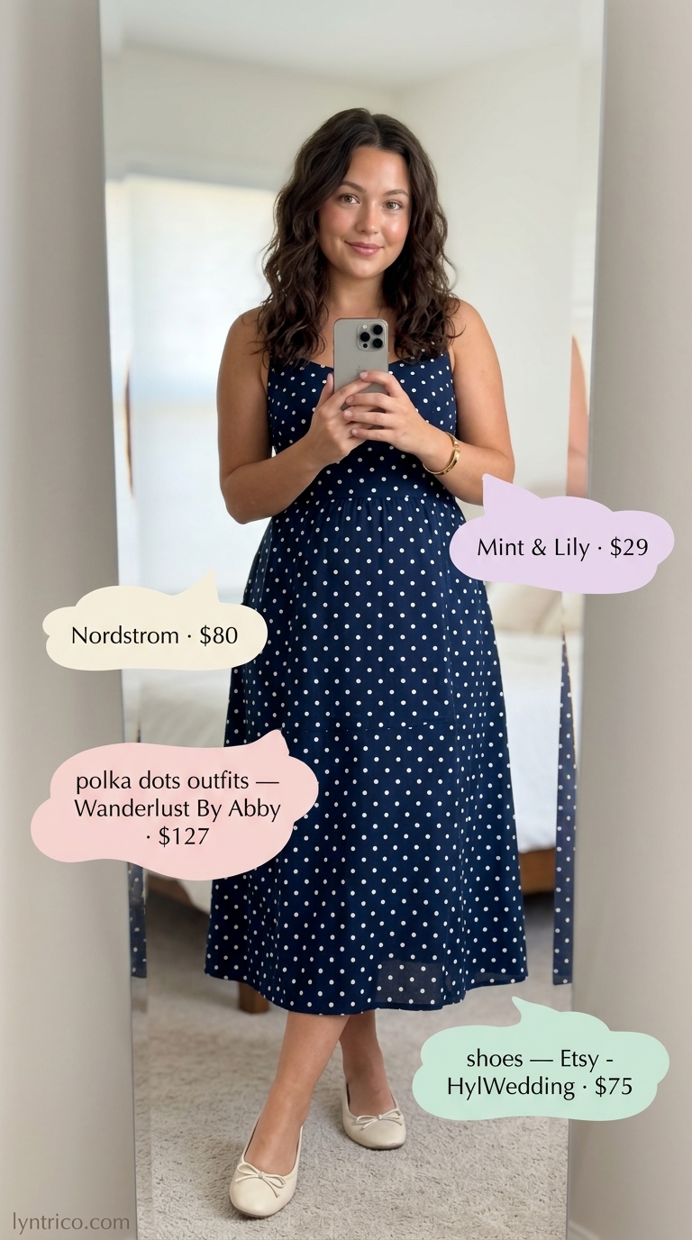 Navy and white polka dot maxi dress with sandals for classic summer polka dots outfits for women 2026.