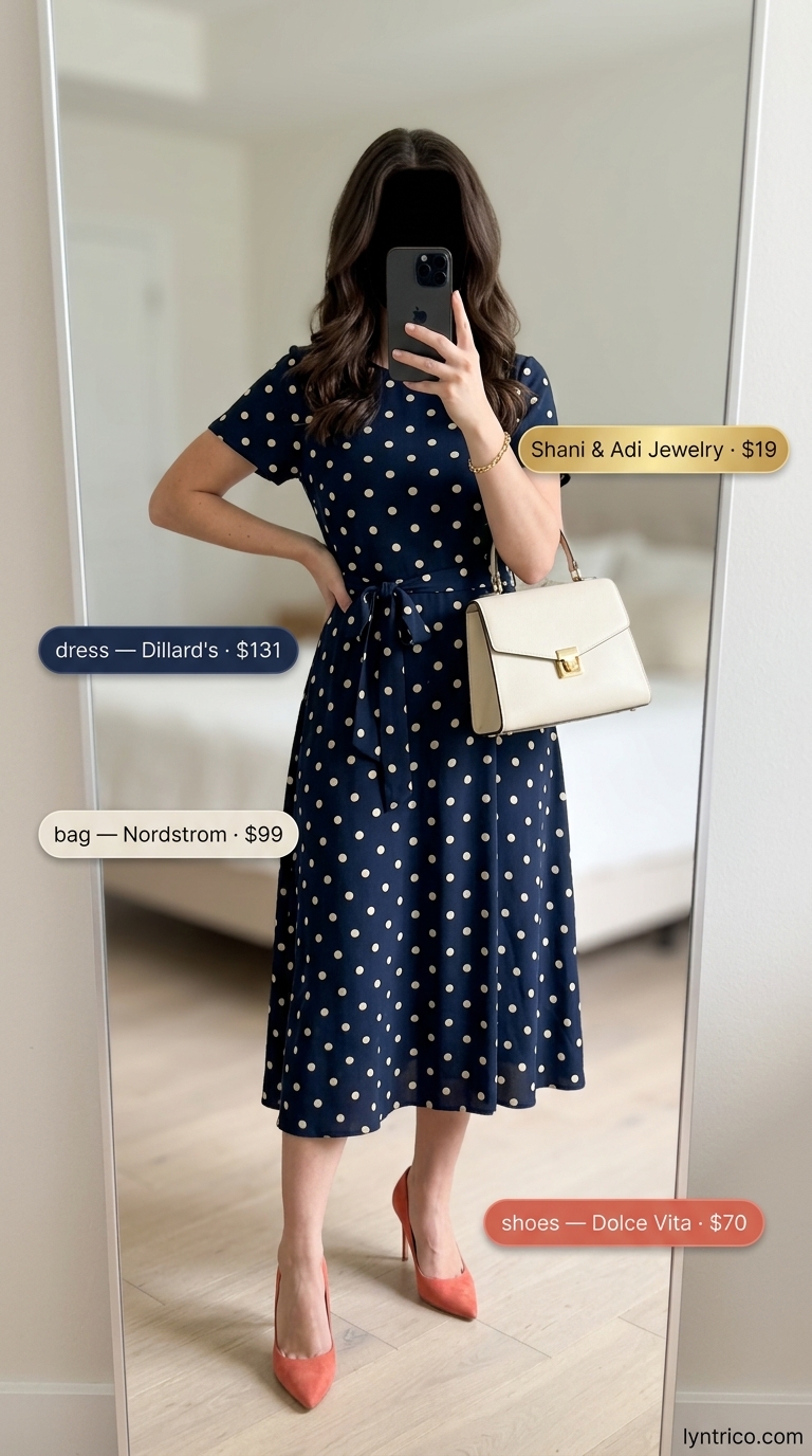Navy polka dot shirt dress with slingbacks for classic summer polka dots outfits for women 2026.