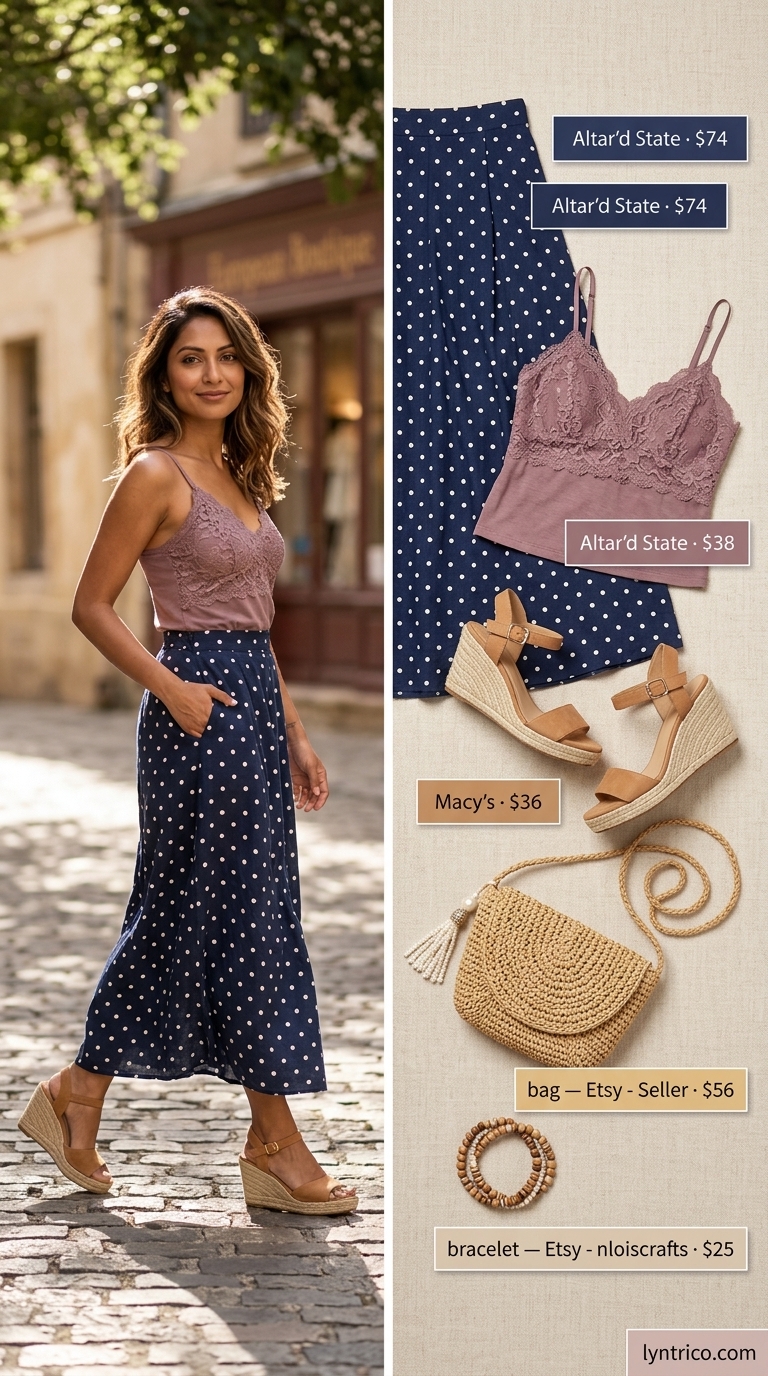 Navy polka dot midi skirt with camisole for classic summer polka dots outfits for women 2026.
