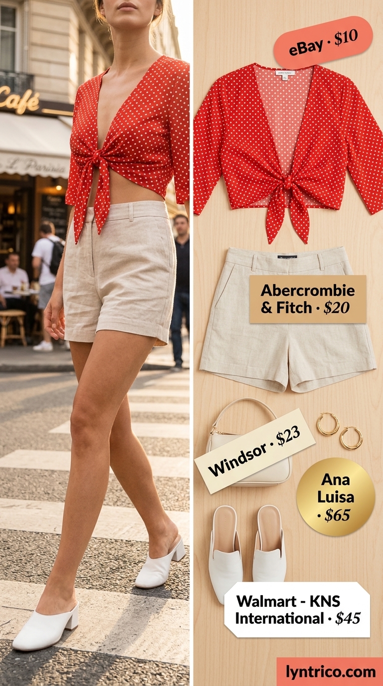 Red and white polka dot blouse with linen shorts for classic summer polka dots outfits for women 2026.