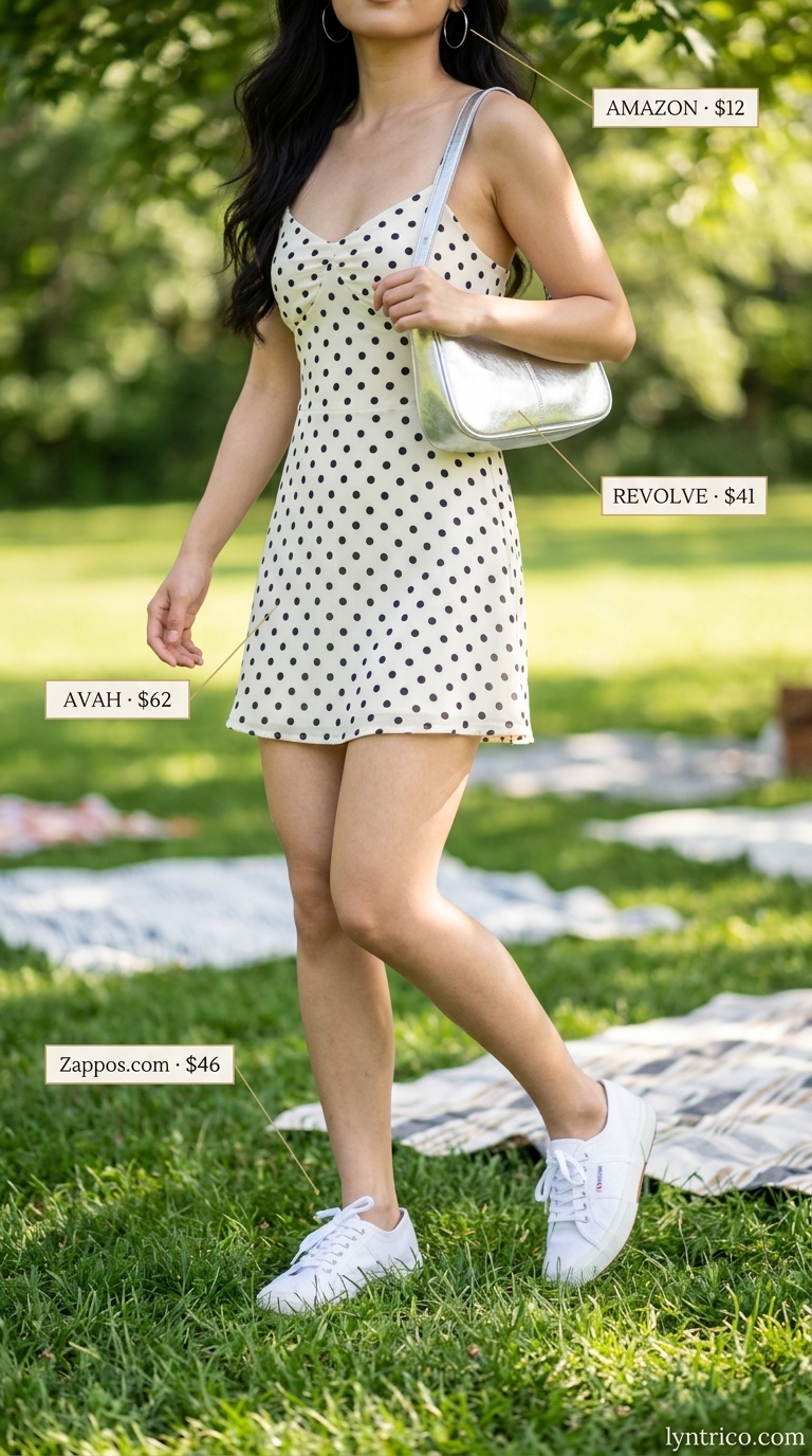 Yellow and white polka dot mini dress with sneakers for classic summer polka dots outfits for women 2026.