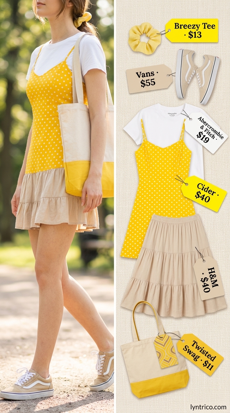 Yellow and white polka dot mini skirt with t-shirt for classic summer polka dots outfits for women 2026.