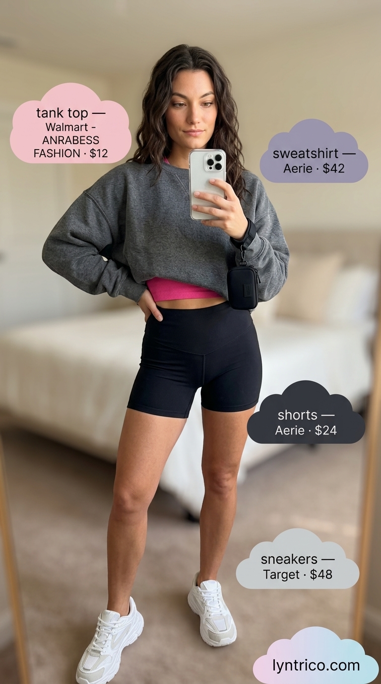Comfy Oversized Summer Outfits 2026: Athleisure Set Comfy oversized summer outfits for women 2026: Charcoal sweatshirt, hot pink tank, black shorts, athletic sneakers.