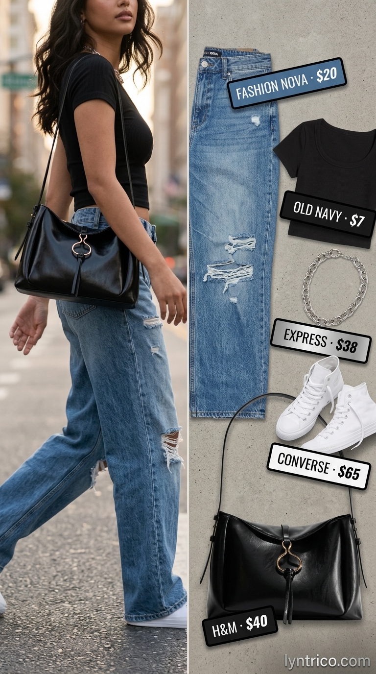 Comfy Oversized Summer Outfits 2026: Cool Girl Jeans Comfy oversized summer outfits for women 2026: Baggy jeans, black crop top, white sneakers, silver chain.