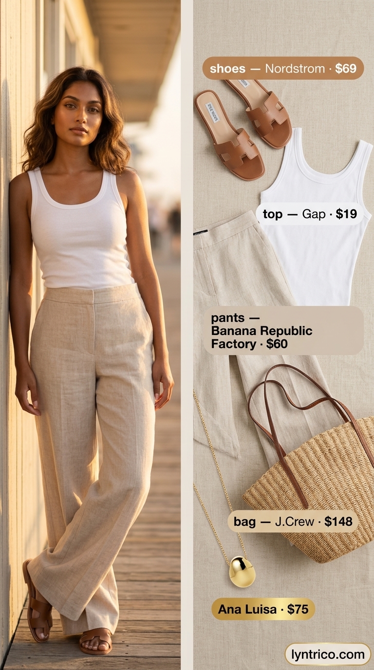 Comfy Oversized Summer Outfits for Women 2026: Boardwalk Breeze Comfy oversized summer outfits for women 2026: Beige linen pants, white tank, straw tote for boardwalk breeze. Relaxed and coastal.