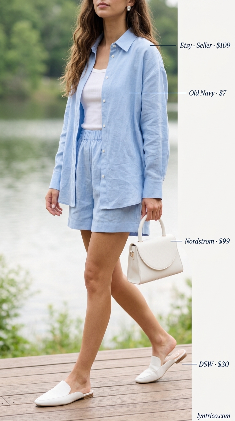 Comfy Oversized Summer Outfits 2026: Preppy Lakeside Set Comfy oversized summer outfits for women 2026: Blue matching set, mules, pearl earrings for preppy style.