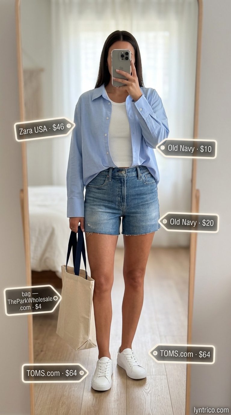 Comfy Oversized Summer Outfits 2026: Blue Shirt & Denim Comfy oversized summer outfits for women 2026: Sky blue oversized shirt, denim shorts, white sneakers, canvas tote.